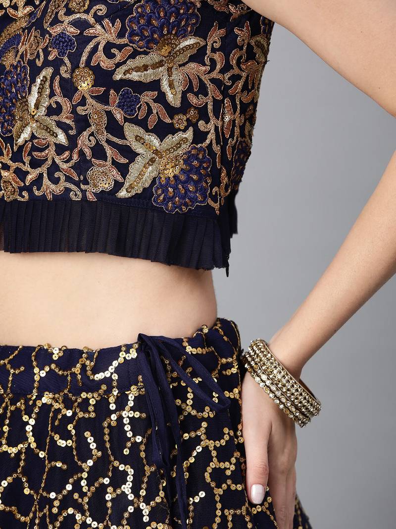 Exotic Navy Blue Soft Net Zari Embroidered Wedding Bridal Lehenga Choli with Dupatta