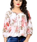 White printed georgette crop-tops