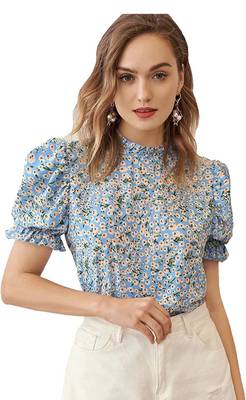 Blue printed polyester crop-tops 1