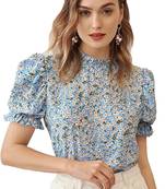 Blue printed polyester crop-tops