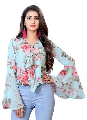Aqua-blue printed georgette crop-tops 2