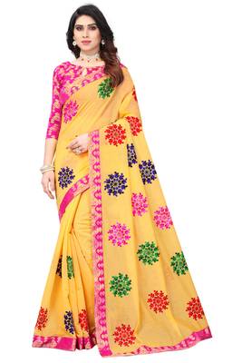 Chanderi Cotton Yellow and Pink Color Ari Embroidery work Saree with Designer Lace and Blouse Piece 1