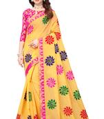 Chanderi Cotton Yellow and Pink Color Ari Embroidery work Saree with Designer Lace and Blouse Piece
