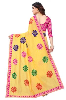 Chanderi Cotton Yellow and Pink Color Ari Embroidery work Saree with Designer Lace and Blouse Piece 2