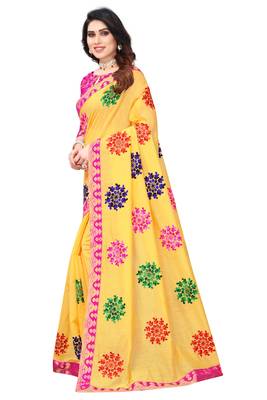 Chanderi Cotton Yellow and Pink Color Ari Embroidery work Saree with Designer Lace and Blouse Piece 3