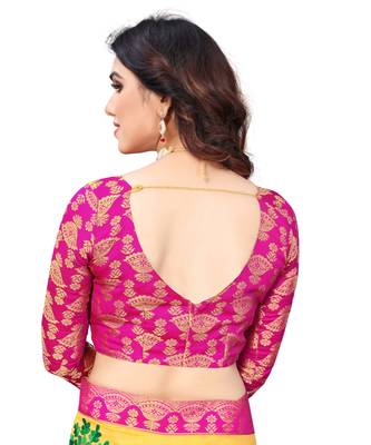 Chanderi Cotton Yellow and Pink Color Ari Embroidery work Saree with Designer Lace and Blouse Piece 5