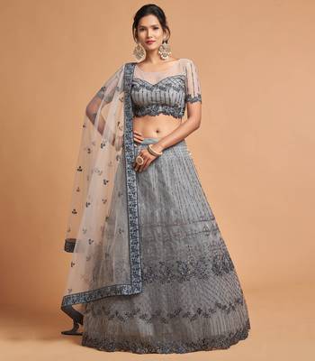 Exotic Grey Soft Net Zari Embroidered Wedding Bridal Lehenga Choli with Dupatta 1
