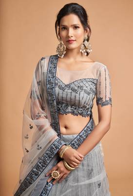 Exotic Grey Soft Net Zari Embroidered Wedding Bridal Lehenga Choli with Dupatta 8