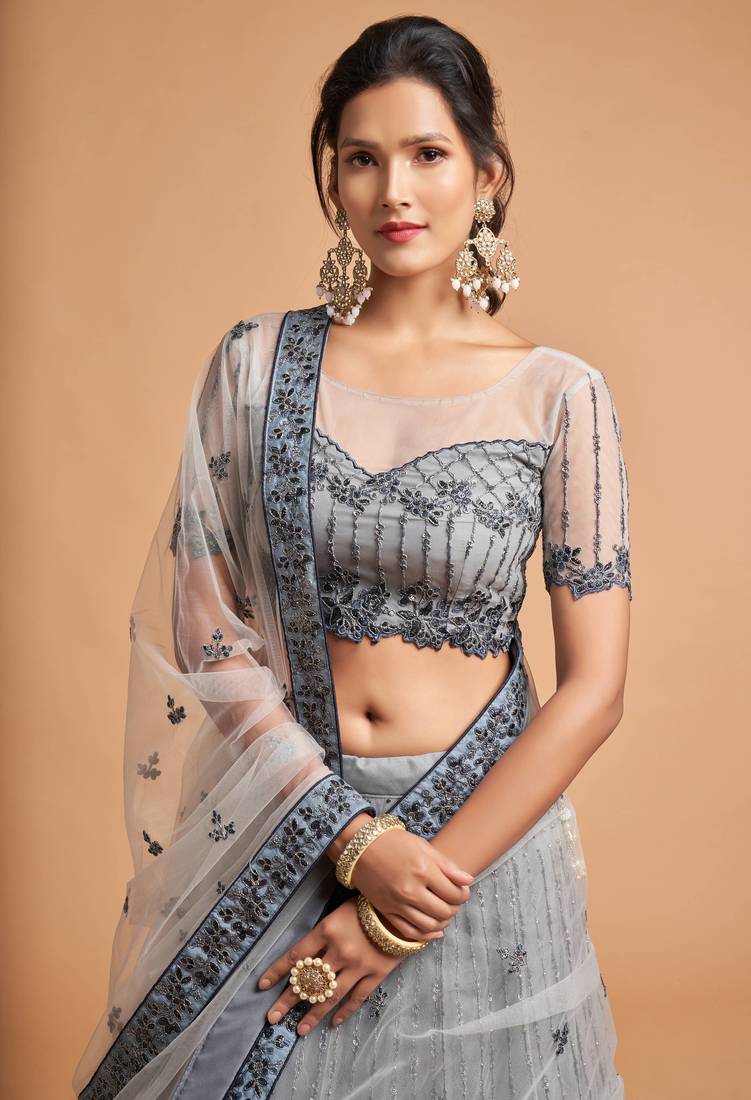 Exotic Grey Soft Net Zari Embroidered Wedding Bridal Lehenga Choli with Dupatta