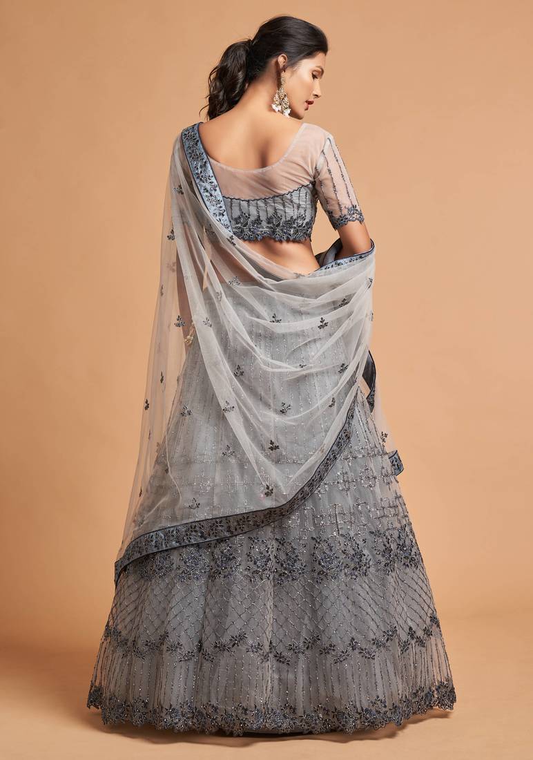 Exotic Grey Soft Net Zari Embroidered Wedding Bridal Lehenga Choli with Dupatta