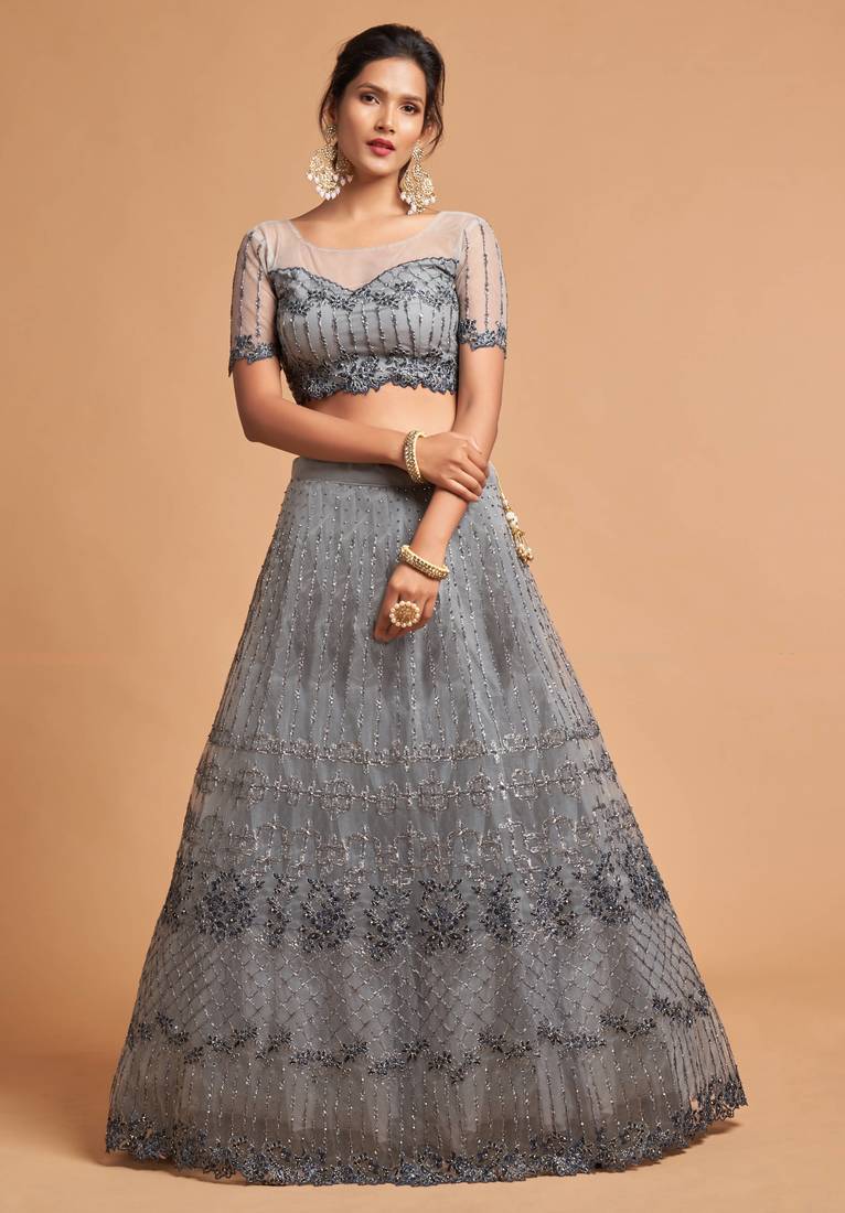 Exotic Grey Soft Net Zari Embroidered Wedding Bridal Lehenga Choli with Dupatta