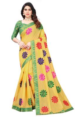 Chanderi Cotton Yellow and Green Color Ari Embroidery work Saree with Designer Lace and Blouse Piece 1