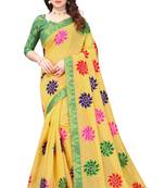 Chanderi Cotton Yellow and Green Color Ari Embroidery work Saree with Designer Lace and Blouse Piece