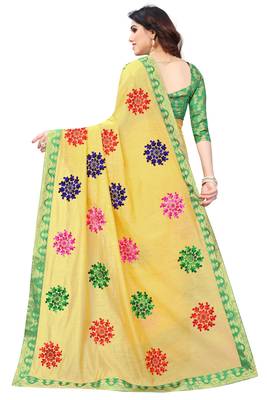 Chanderi Cotton Yellow and Green Color Ari Embroidery work Saree with Designer Lace and Blouse Piece 2