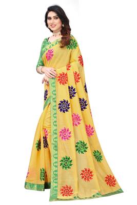 Chanderi Cotton Yellow and Green Color Ari Embroidery work Saree with Designer Lace and Blouse Piece 3