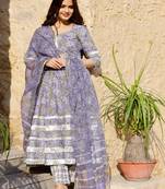 Purple Block Printed Anarkali Suit Set with Printed Dupatta