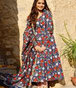 Red Motif Printed Blue Flared Kurta Set with Block Printed Kurta Set
