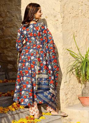 Red Motif Printed Blue Flared Kurta Set with Block Printed Kurta Set 3
