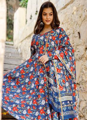 Red Motif Printed Blue Flared Kurta Set with Block Printed Kurta Set 5