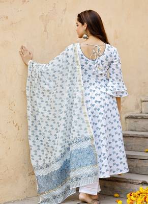 Blue Motif Printed White Flared Kurta Set with Chanderi Block Printed Set 5