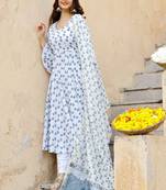 Blue Motif Printed White Flared Kurta Set with Chanderi Block Printed Set
