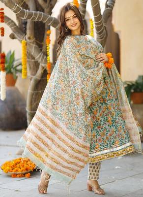 Orange Green Floral Block Printed Half Sleeve Kurta Set with Chanderi Block Printed Dupatta 2