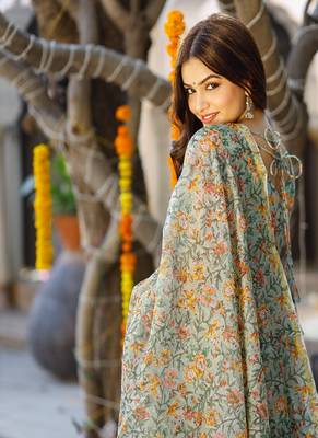 Orange Green Floral Block Printed Half Sleeve Kurta Set with Chanderi Block Printed Dupatta 4