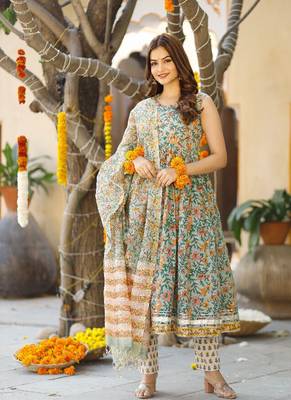 Orange Green Floral Block Printed Half Sleeve Kurta Set with Chanderi Block Printed Dupatta 5