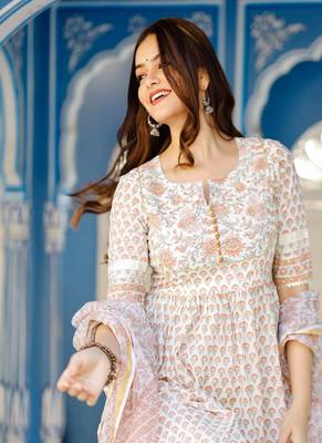 Orange Motif Block Printed White Kurta Sharara Set Paired with Kota Doria Dupatta 2