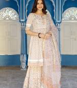 Orange Motif Block Printed White Kurta Sharara Set Paired with Kota Doria Dupatta