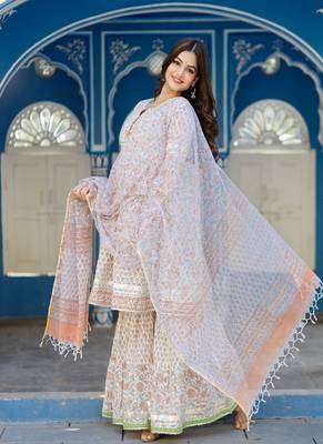 Orange Motif Block Printed White Kurta Sharara Set Paired with Kota Doria Dupatta 3