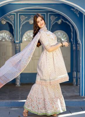 Orange Motif Block Printed White Kurta Sharara Set Paired with Kota Doria Dupatta 4