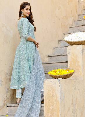 Light Sea Green Block Printed Flared Kurta Set Paired with Doria Printed Dupatta 3