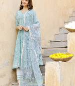 Light Sea Green Block Printed Flared Kurta Set Paired with Doria Printed Dupatta
