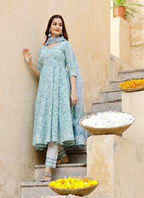 Light Sea Green Block Printed Flared Kurta Set Paired with Doria Printed Dupatta 5
