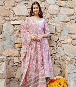 Pink Block Printed Flared Kurta Set Paired with Chanderi Printed Dupatta