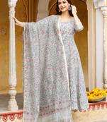 Red Motif Block Printed Flared Kurta Set Paired with Chanderi Dupatta