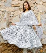 White Flared Kurta with Black Printed Motif Kurta Set with Doria Dupatta