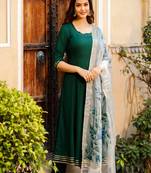 Round Neck Dark Green Solid Anarkali with HandPainted Organza Dupatta