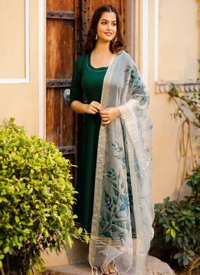 Round Neck Dark Green Solid Anarkali with HandPainted Organza Dupatta 2