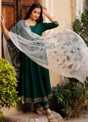Round Neck Dark Green Solid Anarkali with HandPainted Organza Dupatta 3