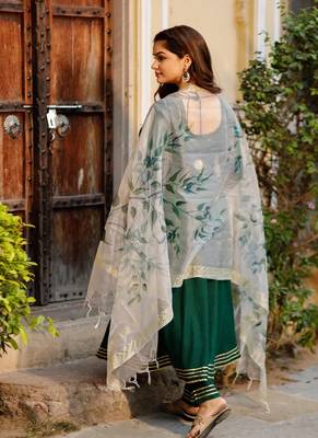 Round Neck Dark Green Solid Anarkali with HandPainted Organza Dupatta 4