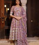 Pink Purple Block Printed Round Neck Anarkali Kurta with Pant Paired with Doria Printed Dupatta