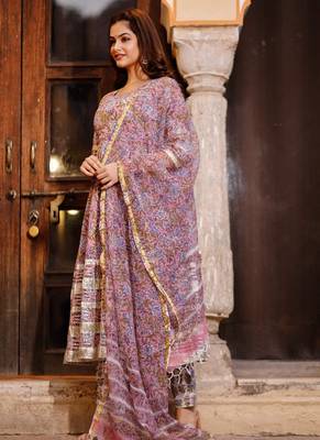 Pink Purple Block Printed Round Neck Anarkali Kurta with Pant Paired with Doria Printed Dupatta 2