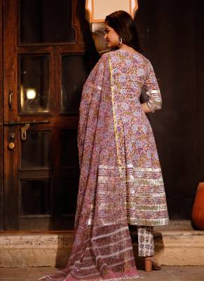 Pink Purple Block Printed Round Neck Anarkali Kurta with Pant Paired with Doria Printed Dupatta 4