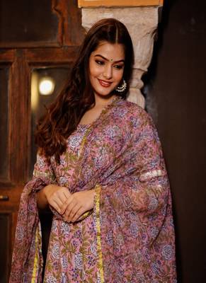 Pink Purple Block Printed Round Neck Anarkali Kurta with Pant Paired with Doria Printed Dupatta 5