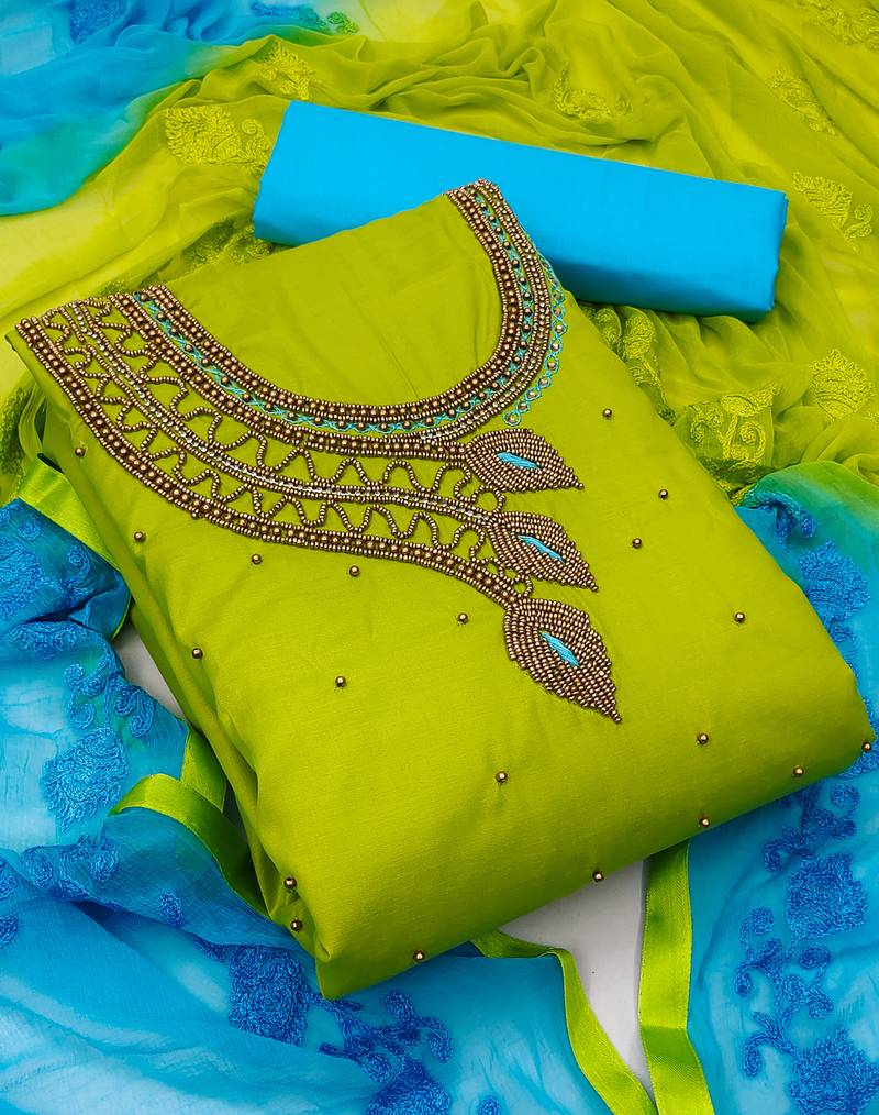 Stitching Patch Work Neck Designs For Churidar Parrot-green Hand