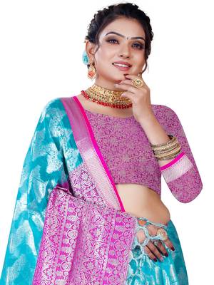 Turquoise woven organza saree with blouse 2