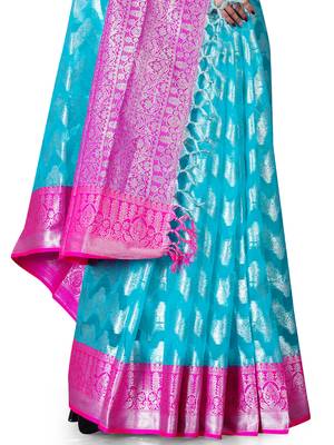 Turquoise woven organza saree with blouse 3