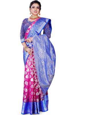 Pink woven organza saree with blouse 1